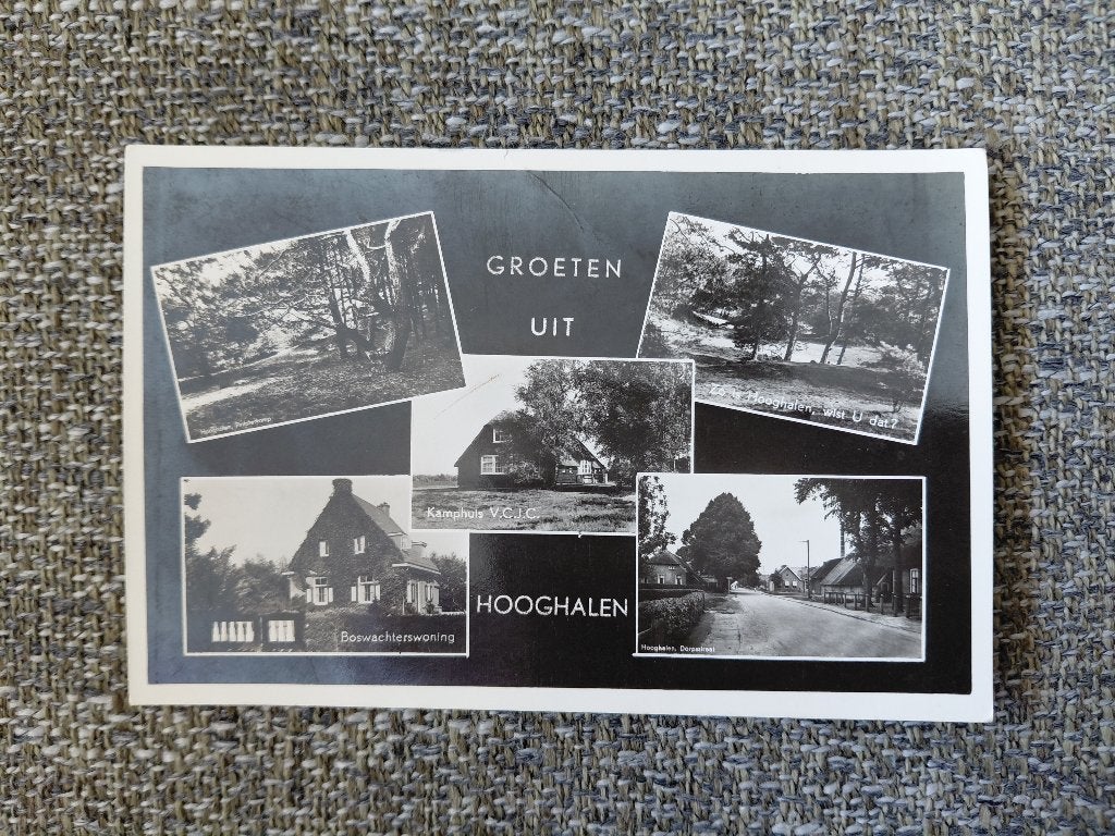 Hooghalen, 5 luik, zwart-wit glans fotokaart, gelopen, 1951, Verzenden, 1940 tot 1960, Gelopen, Drenthe