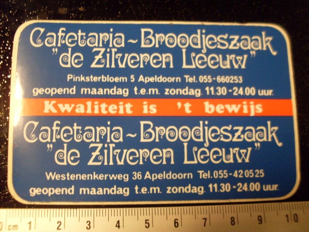 sticker cafetaria broodjeszaak de zilveren leeuw apeldoorn, Verzenden, Zo goed als nieuw, Bedrijf of Vereniging
