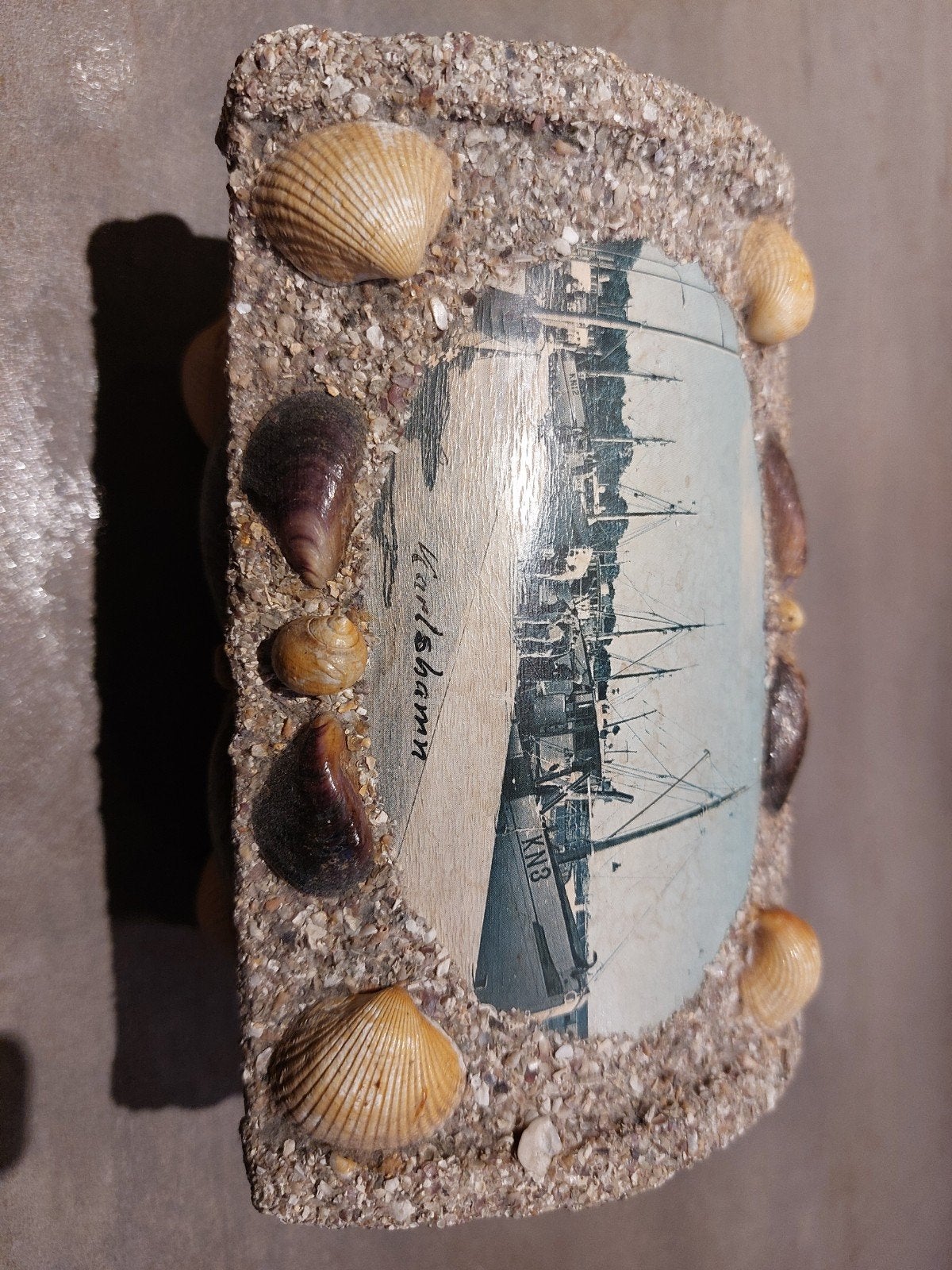 Unieke houten doos met schelpen en Karlshamn print, Ophalen of Verzenden