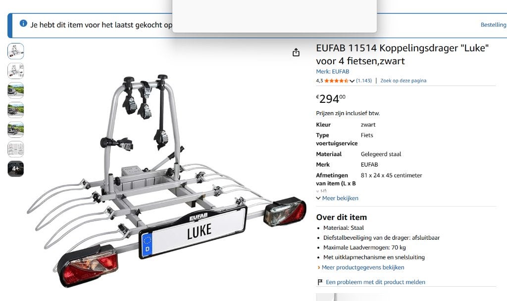 EUFAB 11514 Koppelingsdrager "Luke" voor 4 fietsen,zwart, Ophalen of Verzenden, 3 fietsen of meer, Nieuw, Trekhaakdrager
