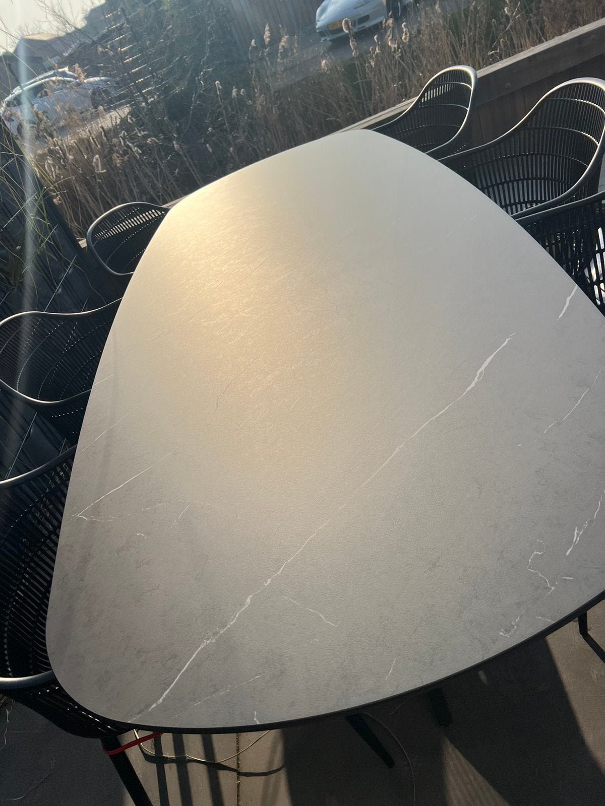 Ceramic tuintafel antraciet incl zwarte tuinstoelen, Tuin en Terras, Tuintafels, Ophalen of Verzenden, Zo goed als nieuw, Ovaal