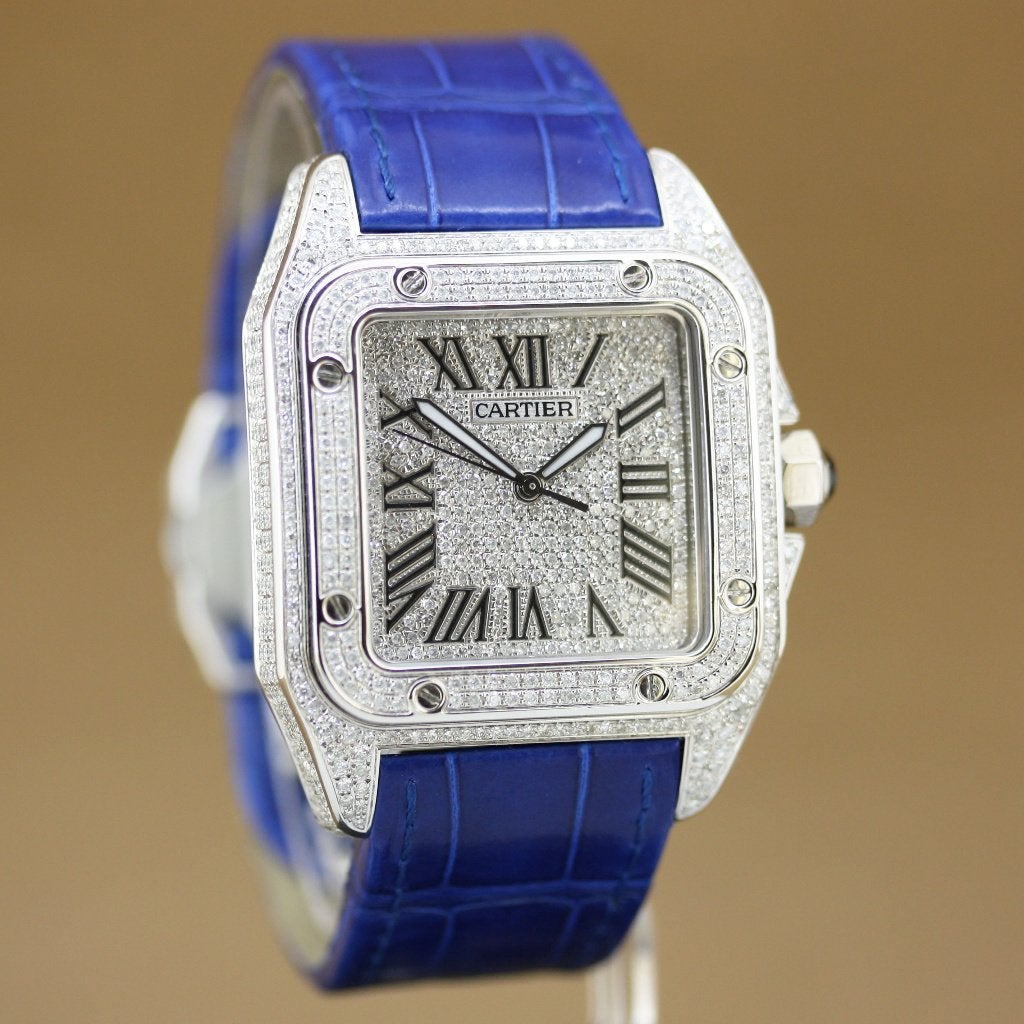 Cartier Santos 100 Xl 2656 Diamonds, Overige merken, Staal, Polshorloge, Ophalen of Verzenden