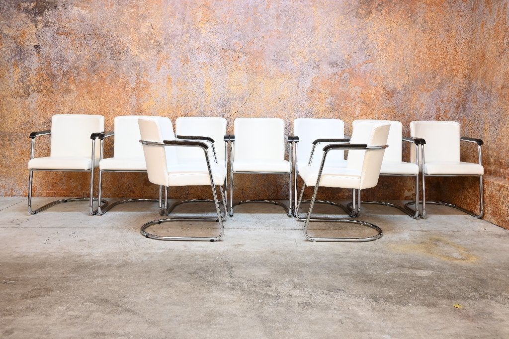 ZGANieuw 9 witte leren Gispen 603 design eetkamerstoelen, Huis en Inrichting, Stoelen, Gipsen, Wit, Gipsen, Gipsen