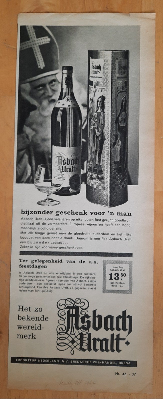 Sinterklaas - Asbach Uralt - Advertentie - 1962, Ophalen of Verzenden, 1960 tot 1980, Knipsel(s)