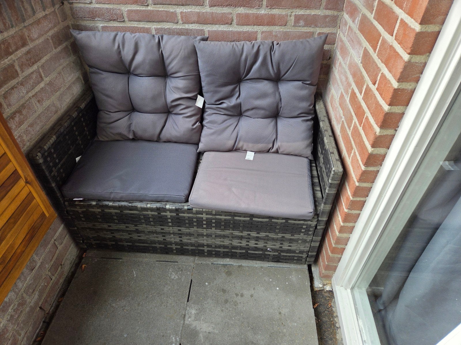 vidaXL Tuinbank met kussens 105 cm poly rattan grijs, Tuin en Terras, Ophalen, Gebruikt, Rotan