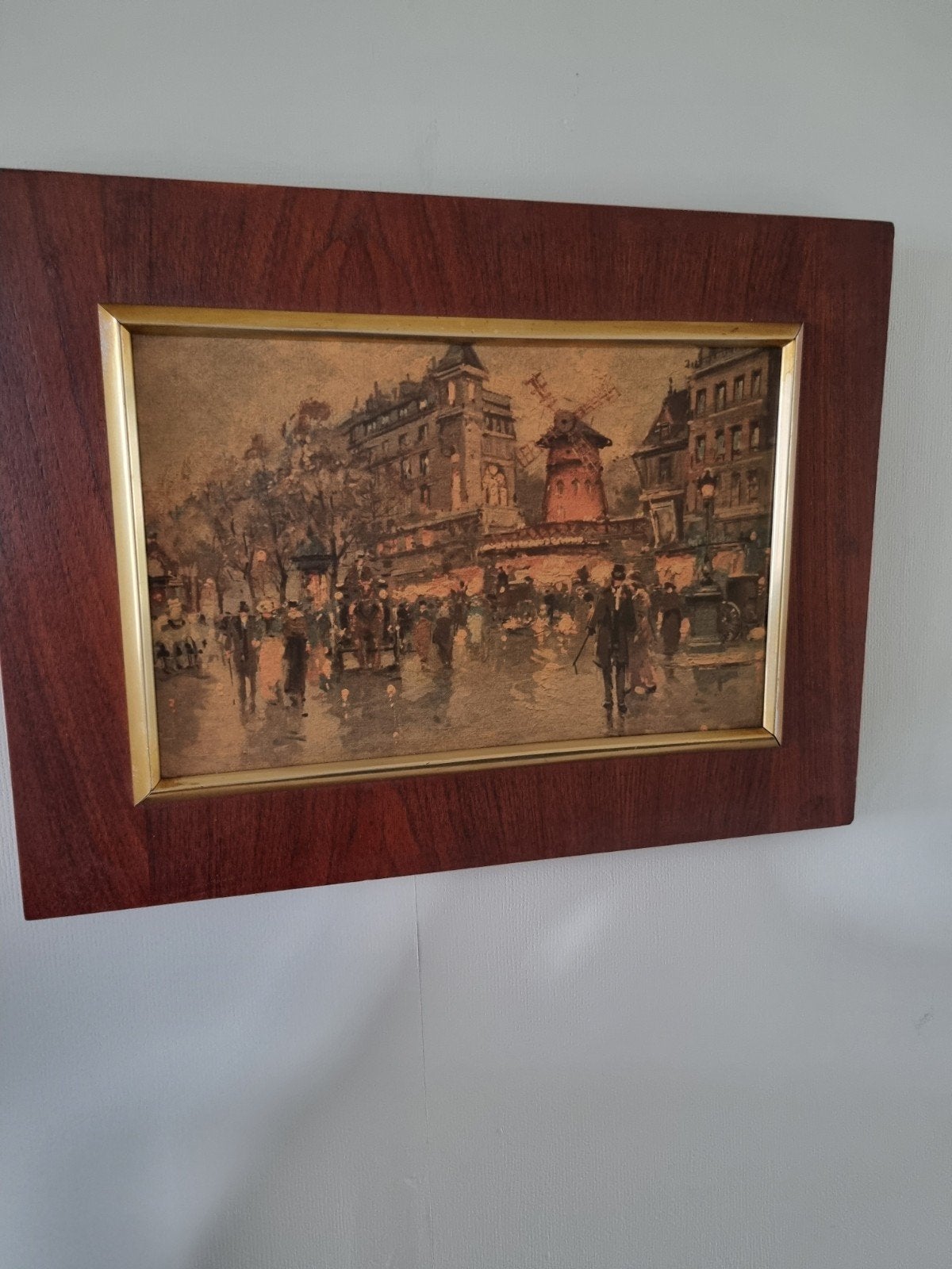 Vintage Stadsgezicht Parijs Schilderij - 41x30 cm, Overige ondergronden, Ophalen of Verzenden, Print, Stads- / dorpsgezicht