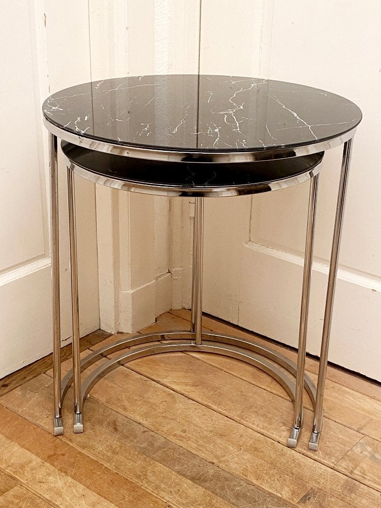 2 glazen mimistel/nestingtafels, zwart marmer look & chroom, Minder dan 55 cm, Gebruikt, Metaal of Aluminium, Rond