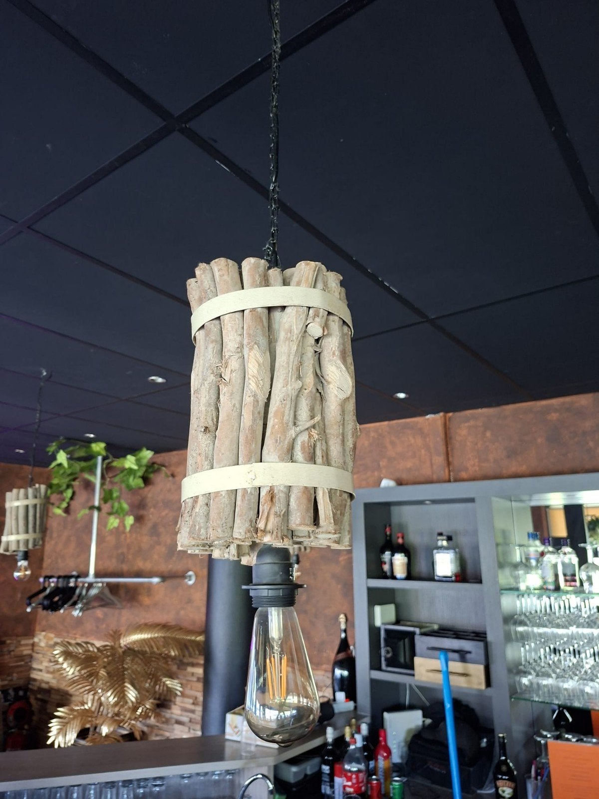 4 Unieke Hanglampen van Drijfhout - Rustieke Sfeer, Ophalen, Minder dan 50 cm, Rustiek, Landelijk, Bohemian, Zo goed als nieuw