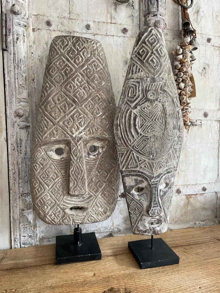 Houten tribal masker op statief - Boho Bali style, Ophalen of Verzenden