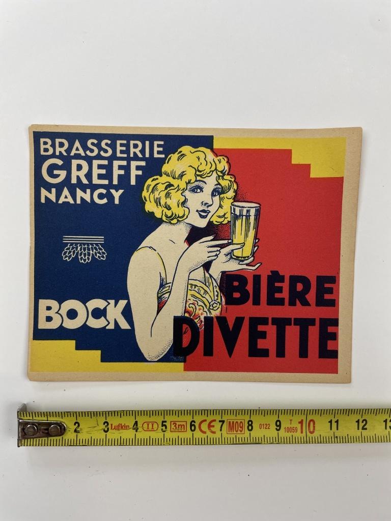 oud bier etiket voor Brasserie Greef Nancy biere Divette, Verzamelen, Biermerken, Ophalen of Verzenden, Gebruikt, Overige typen