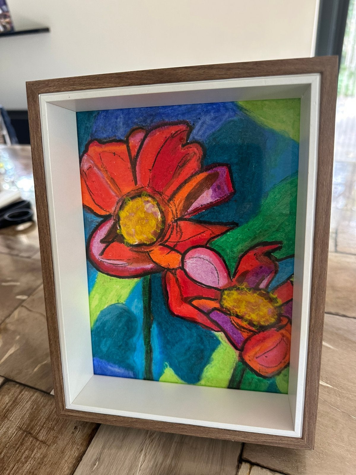 Selfmade schilderijtje met lijst, Antiek en Kunst, Pastel, Papier/karton, Achter glas, Ophalen of Verzenden