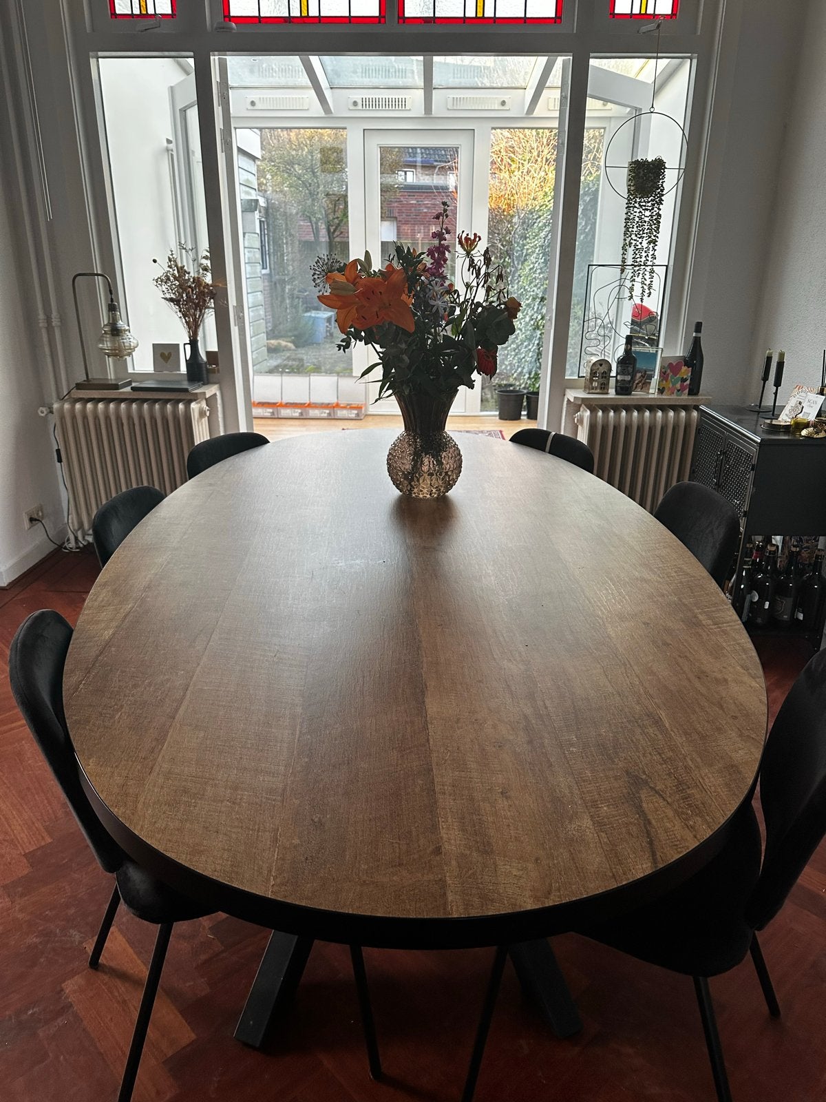 Robuuste ovale eettafel, industrieel design (220x120cm), Ophalen, Gebruikt, 100 tot 150 cm, 200 cm of meer