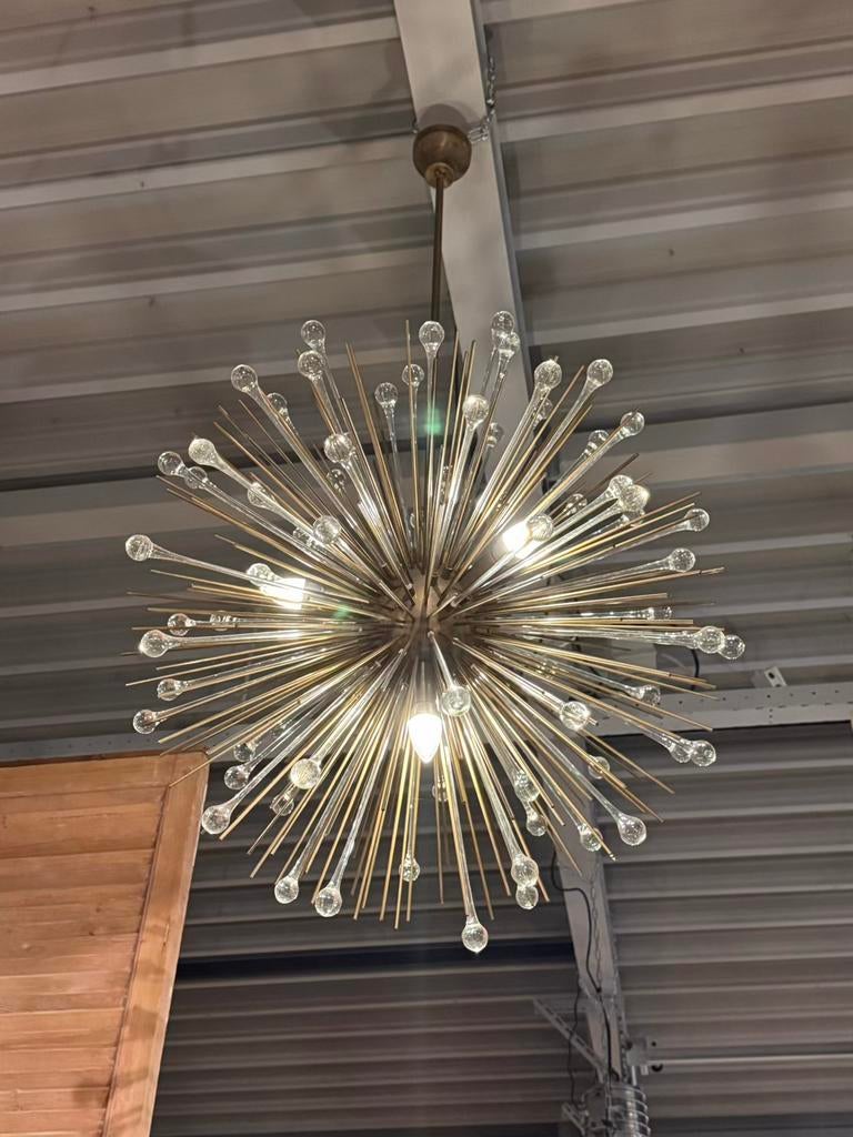 Vintage glazen sputnik hanlamp met messing, Ophalen of Verzenden, Zo goed als nieuw, Glas
