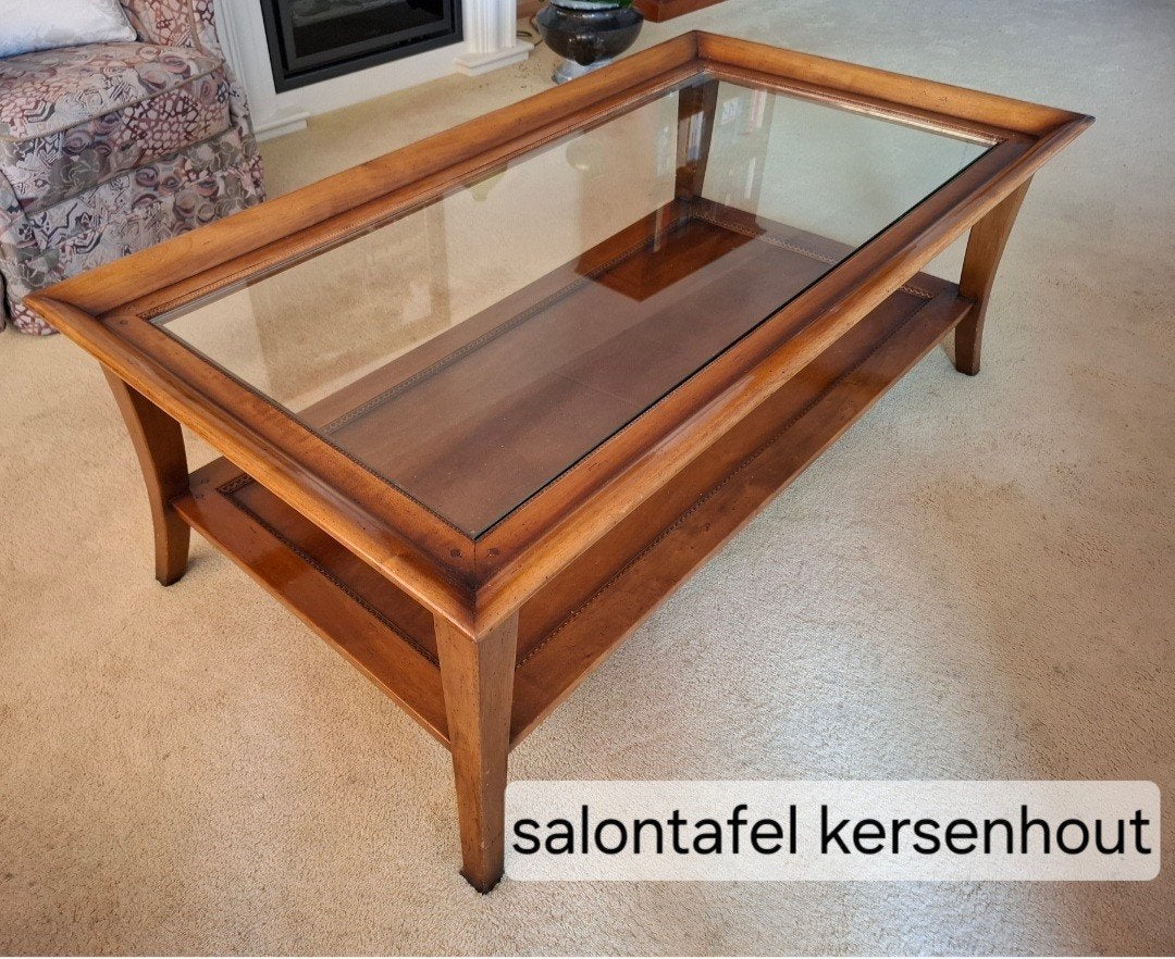 Kersenhouten salontafel, glazen blad - Goede staat, Ophalen, Glas, 100 tot 150 cm, 50 tot 100 cm