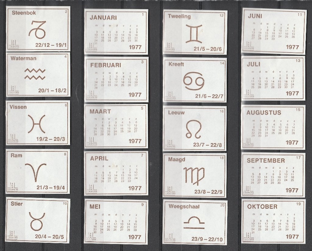 Lucifermerken,  Kalender 1977   (137), Verzenden, Zo goed als nieuw, Luciferdoosjes of -merken