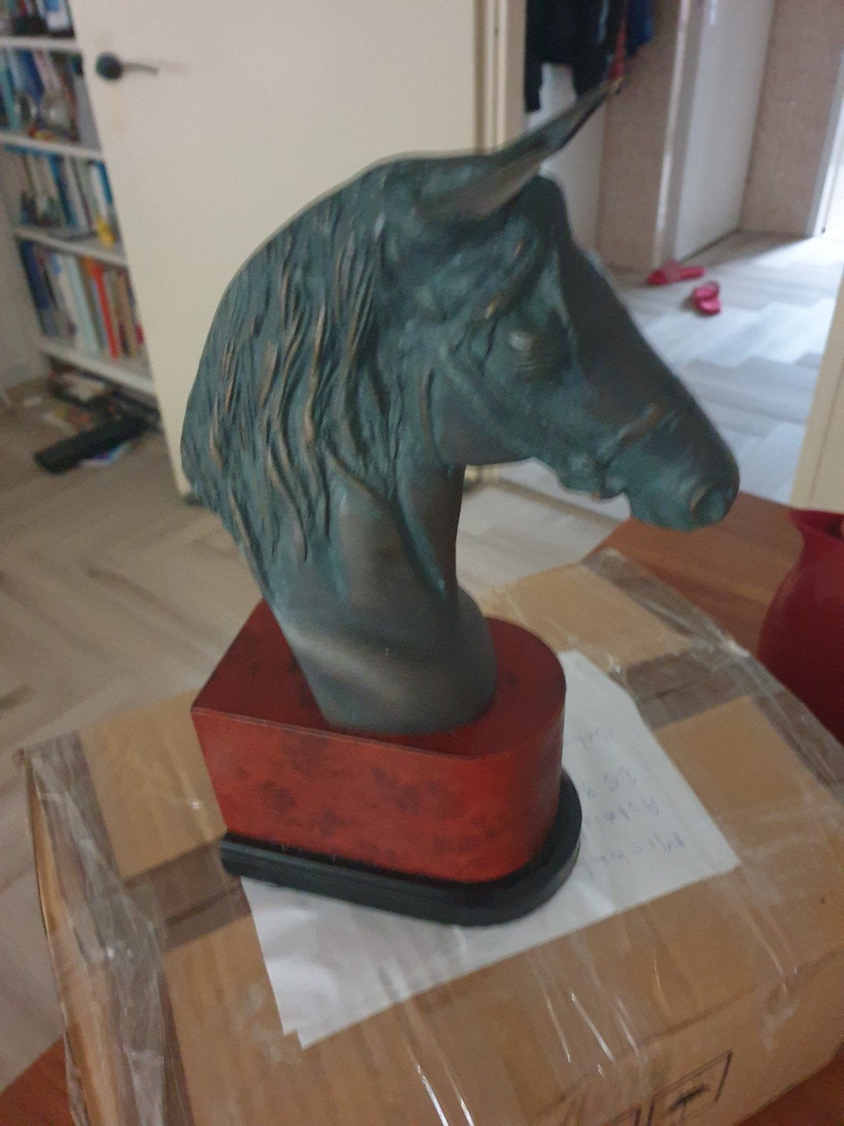 Bronzen paardenhoofd sculptuur op sokkel, Gepatineerd, Ophalen of Verzenden, 20 - 50 cm, Beeld