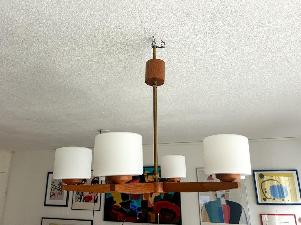 Vintage Mid Century Modern teak hanglamp groot teak melkglas, Ophalen, Gebruikt, Mid century modern / MCM / vintage, E27 (groot)
