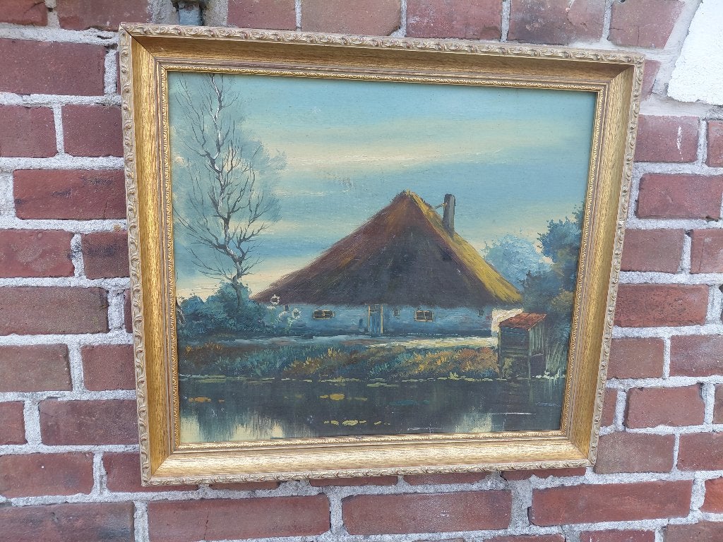Schilderij, stolpboerderij a/h water., Antiek en Kunst, Kunst | Schilderijen | Klassiek, Paneel, Nederlandse school, Origineel werk
