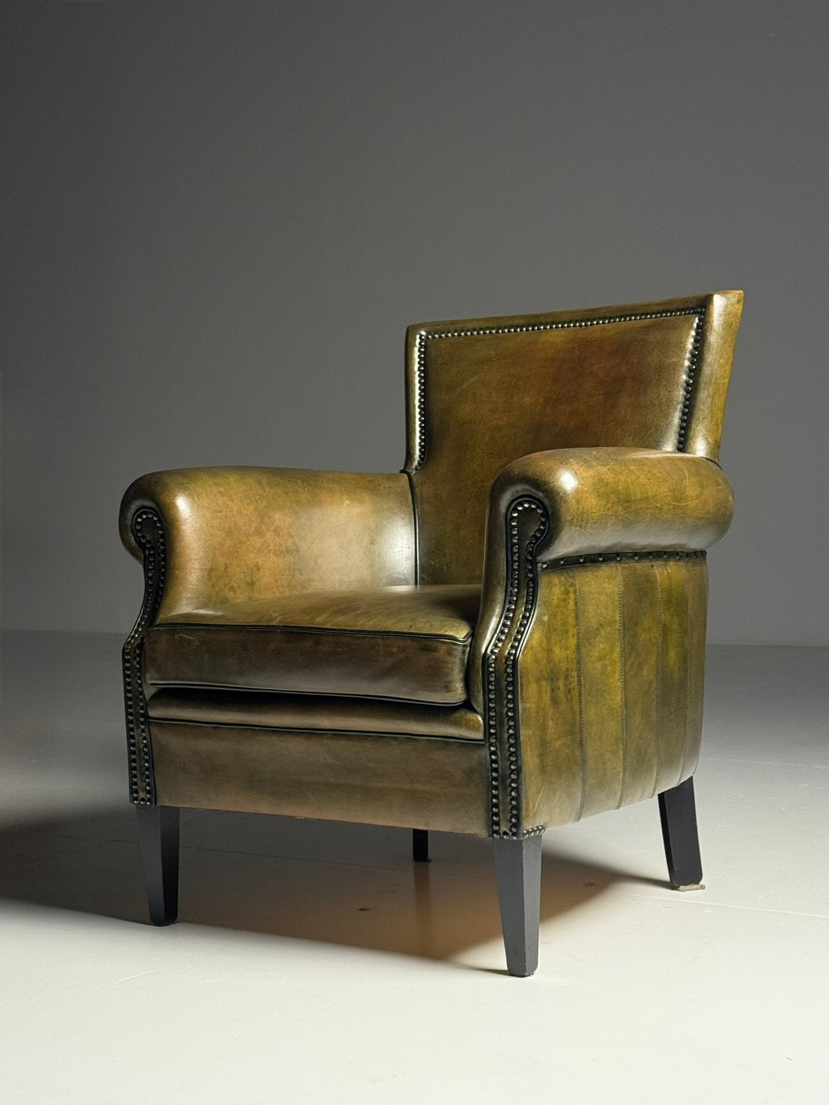 Schapenleren fauteuil groen bruin klassiek, Huis en Inrichting, Fauteuils, Ophalen, Zo goed als nieuw, 75 tot 100 cm, 50 tot 75 cm