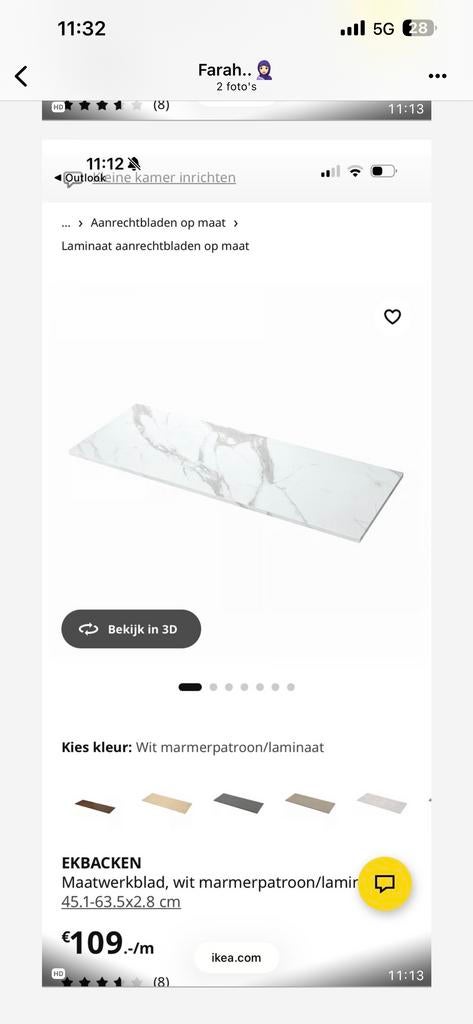 IKEA EKBACKEN Maatwerkblad Wit aanrechtblad marmer, Ophalen, Wit, Nieuw, 200 cm of meer