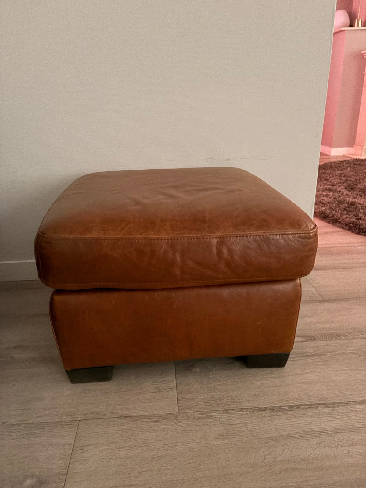 Leren poef/hocker - 64x64x40 cm - Gebruikt maar netjes, Ophalen, Gebruikt, Vierkant, Leer