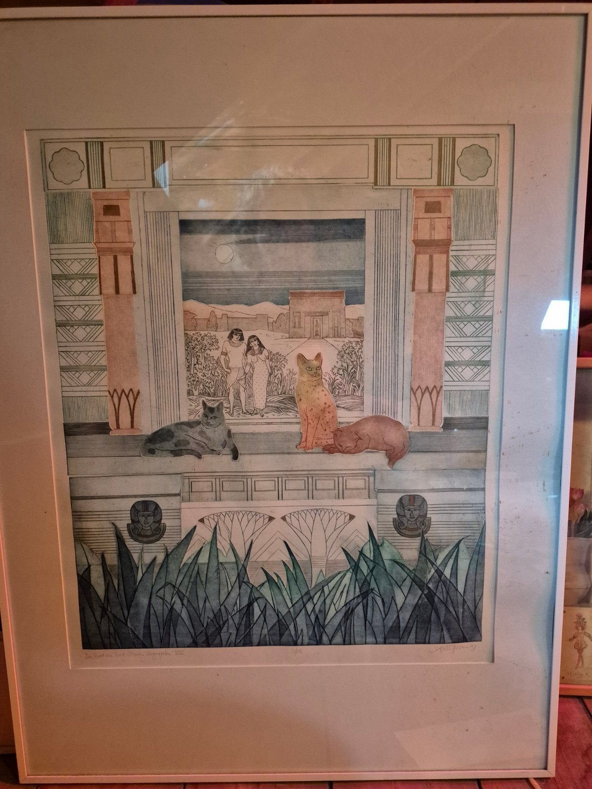 2 Schilderijen: Egyptische Scènes met Katten, Antiek en Kunst, Overige stijlen, Dieren, Ophalen of Verzenden, Papier