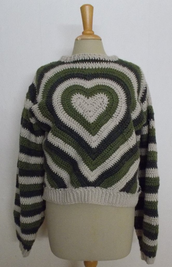 Handgemaakte super leuke hippie bruin/groene hartjes trui! L, Kleding | Dames, Verzenden, Zo goed als nieuw, Maat 42/44 (L), Groen