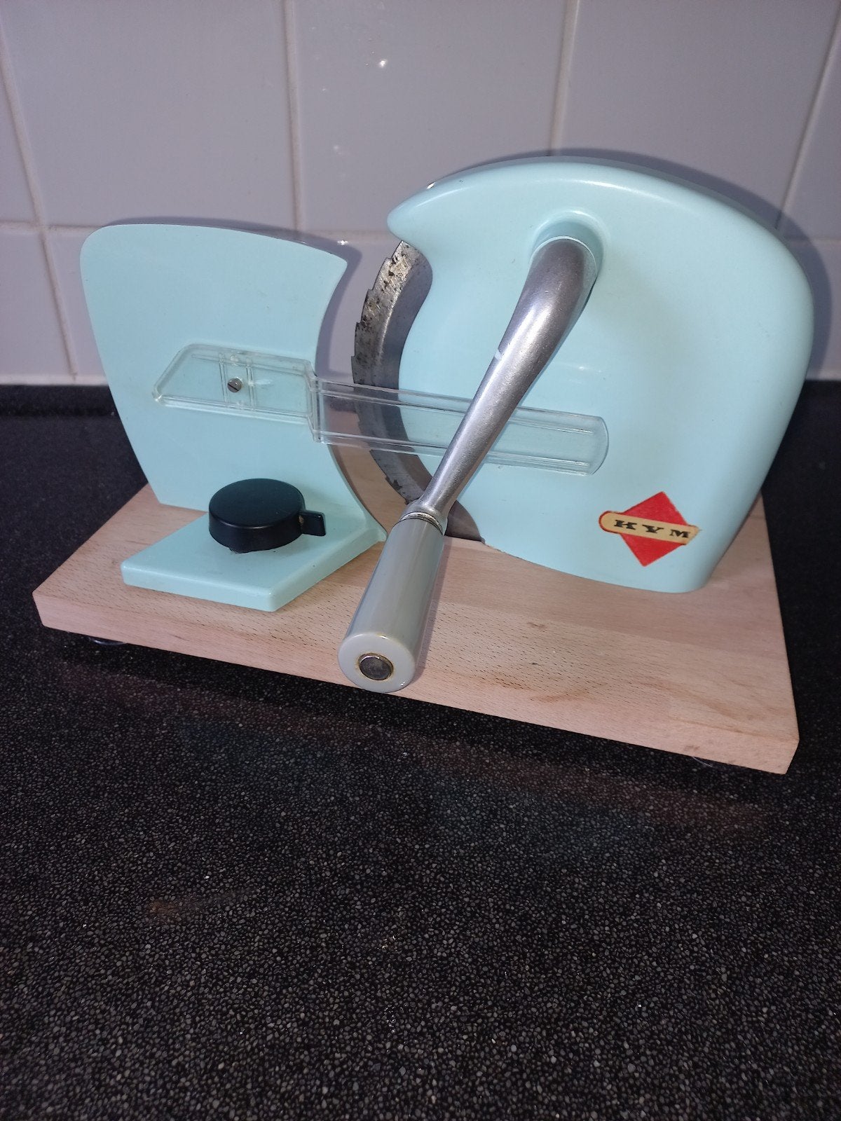 Vintage retro broodsnijmachine broodsnijder pastel blauw, Ophalen, Blauw, Zo goed als nieuw, Metaal