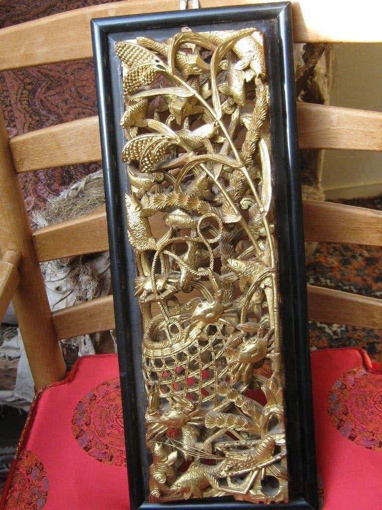 Chinees opgewerkt houtsnijwerk paneel verguld vis krab net, Antiek en Kunst, Kunst | Niet-Westerse kunst, Hout, Verzenden, Goud