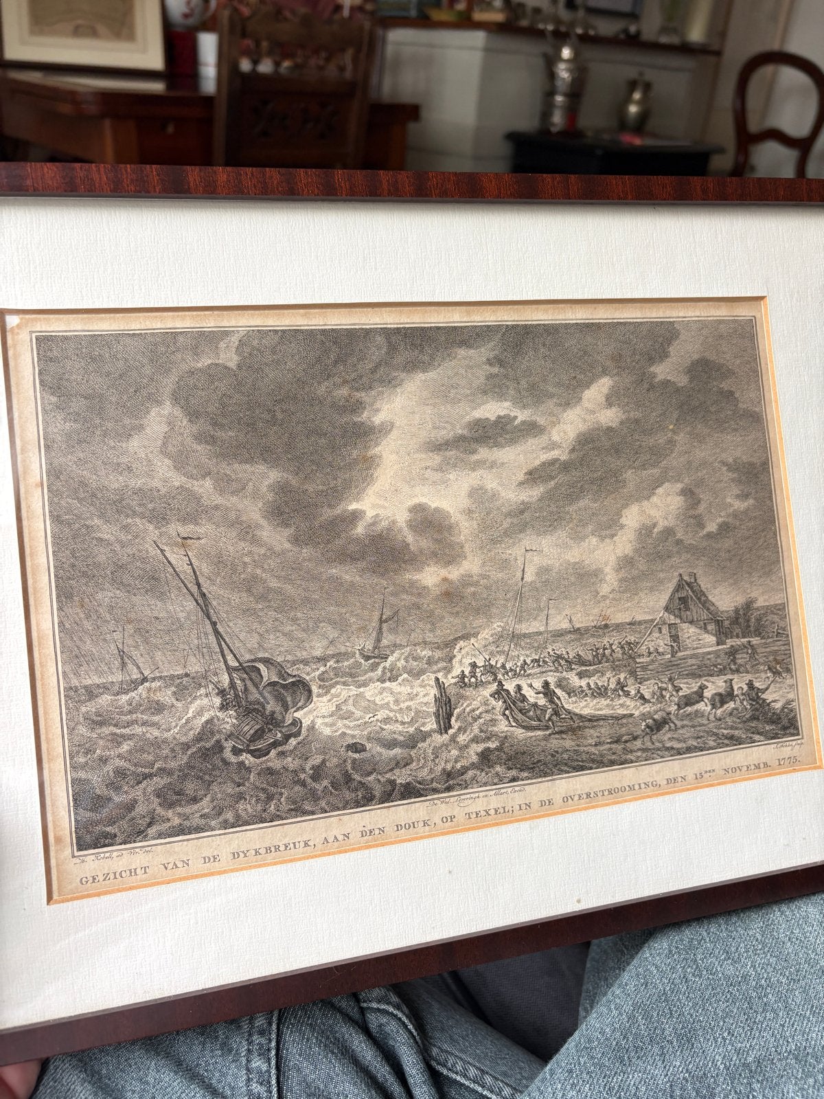 Dijkbreuk aan de Douk, Texel, 1775 - Gravure, Antiek en Kunst, Ophalen of Verzenden, Gravure, Blanco verso, Landschap