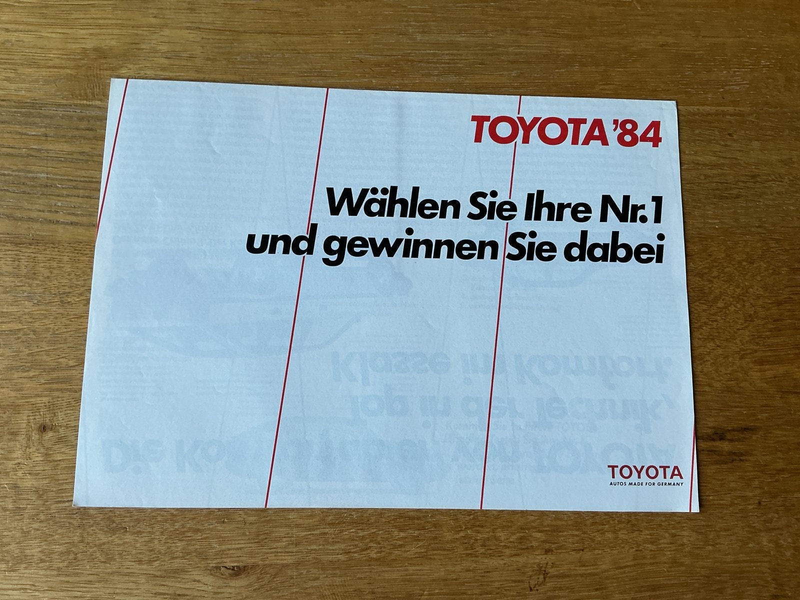 Toyota 1984 reclamefolder - Kies uw nr. 1 en win, Ophalen of Verzenden, Gelezen, Toyota