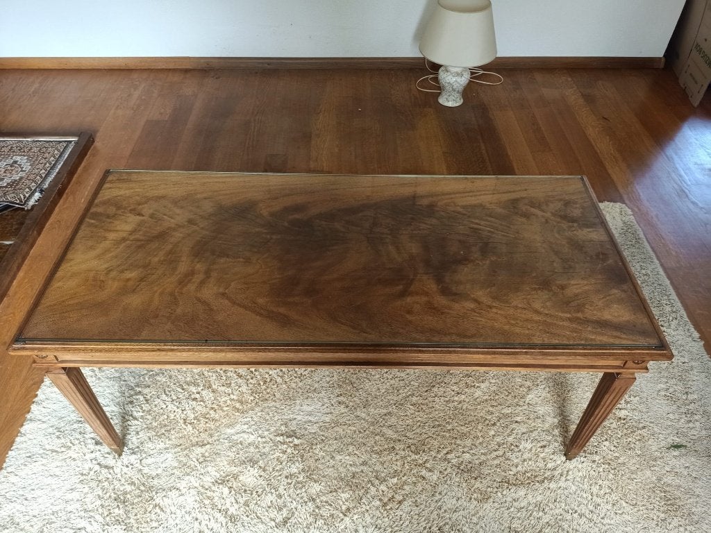 Tafel / Salontafel met glasplaat, oud engelse stijl, Ophalen, Glas, Gebruikt, 100 tot 150 cm