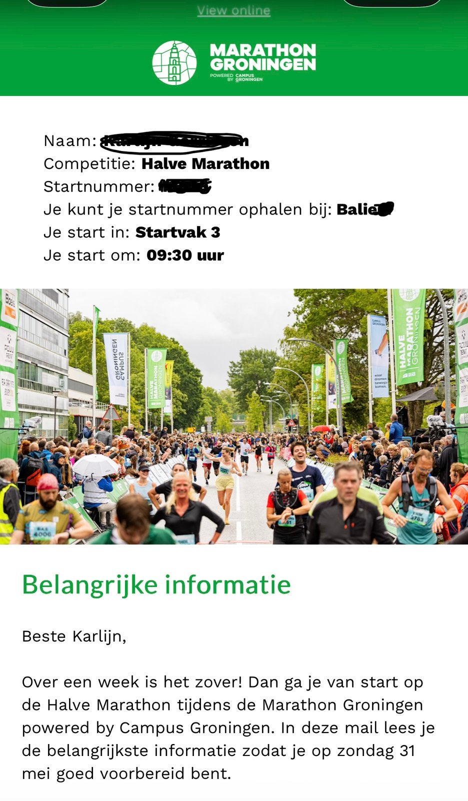 Startbewijs halve marathon Groningen, Sport en Fitness, Loopsport en Atletiek, Overige merken, Overige typen, Nieuw, Ophalen of Verzenden