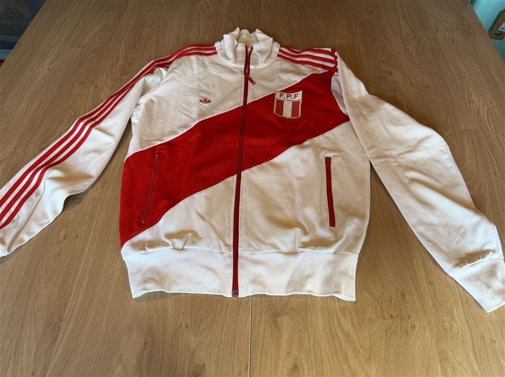 Adidas Originals Peru Retro Trainingsjack Wit/Rood - Maat L, Ophalen of Verzenden, Zo goed als nieuw, Wit