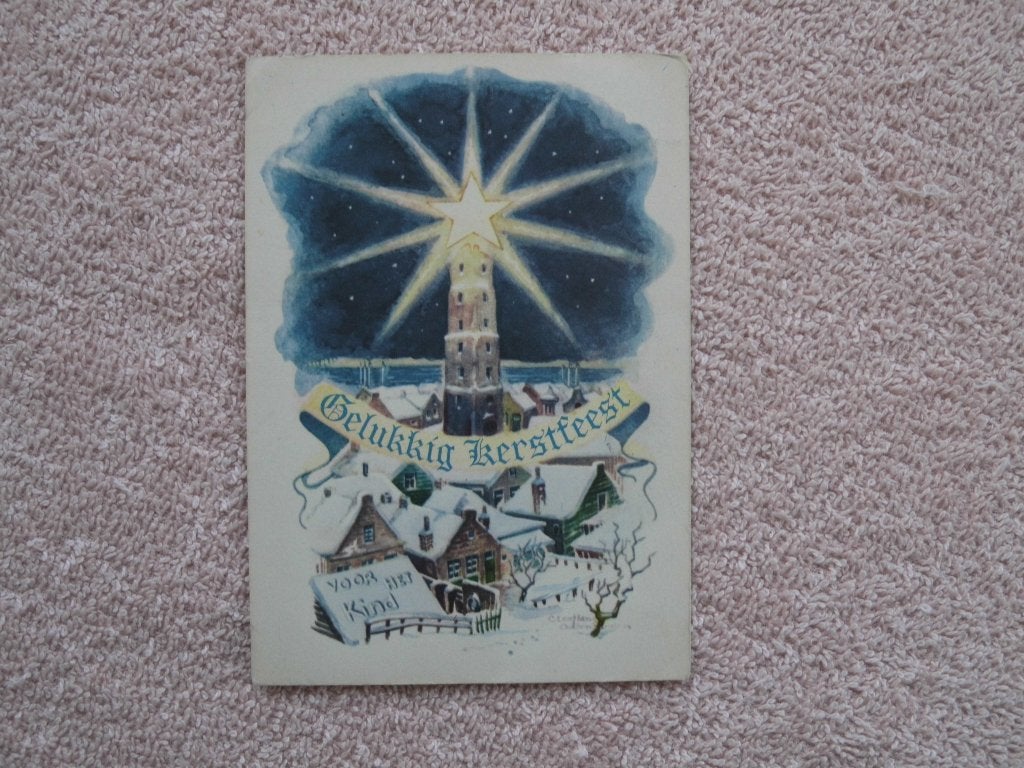 Oude Kerstkaart Gelukkig Kerstfeest met vuurtoren en ster, Ophalen of Verzenden, 1940 tot 1960, Gelopen, Feest(dag)