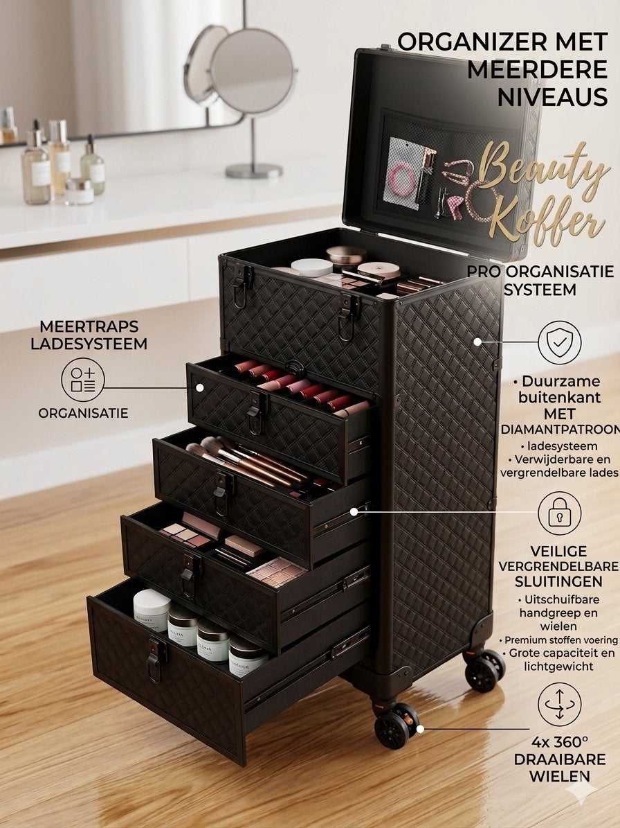 Professionele Make-up Trolley Zwart met Uitschuifbare Laden, Sieraden, Tassen en Uiterlijk, Beautycases, Ophalen of Verzenden