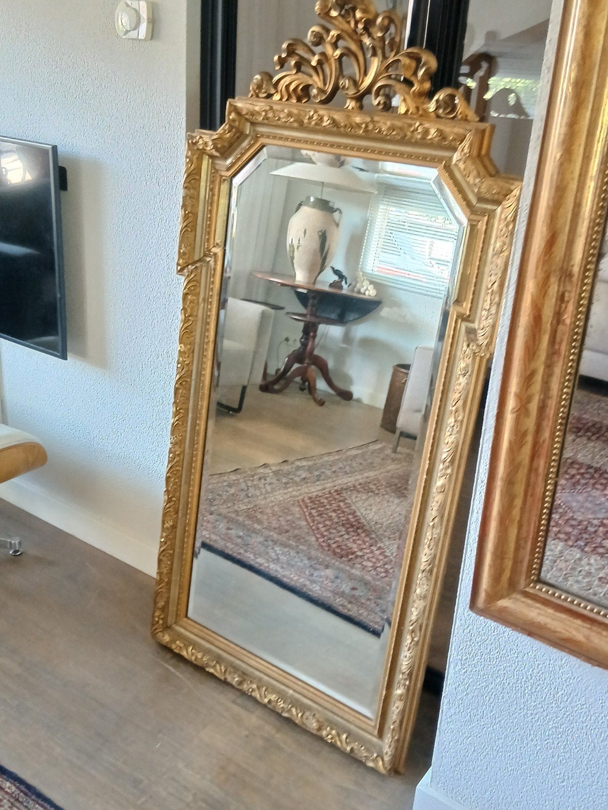 Stijlvolle Grote Antieke Vergulde Spiegel Kuifspiegel, Ophalen, Rechthoekig, Minder dan 100 cm