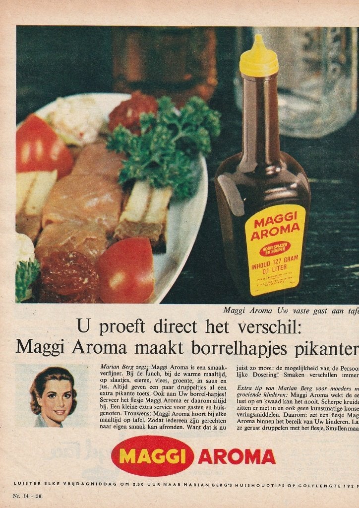 Retro reclame 1963 Maggi aroma flesje bij borrelhapjes, Verzenden, Overige typen