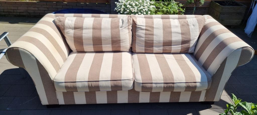 2-zits bank + loveseat gestreept beige/crème - samen €60, Ophalen, Gebruikt, Tweepersoons, 75 tot 100 cm