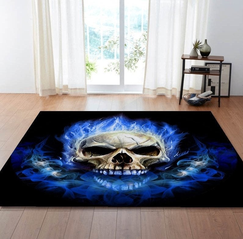 Blauw Zwart Doodskop Vloerkleed / Skull Skelet Kleed Tapijt, Verzenden, Nieuw, 150 tot 200 cm, Blauw