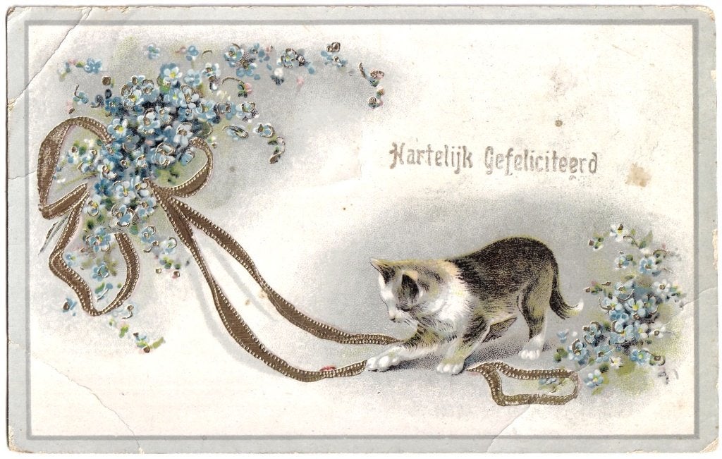 Kaart met relief en goudopdruk 1924  Poes Vergeet-mij-nietje, Ophalen of Verzenden, 1920 tot 1940, Gelopen, Overige thema's