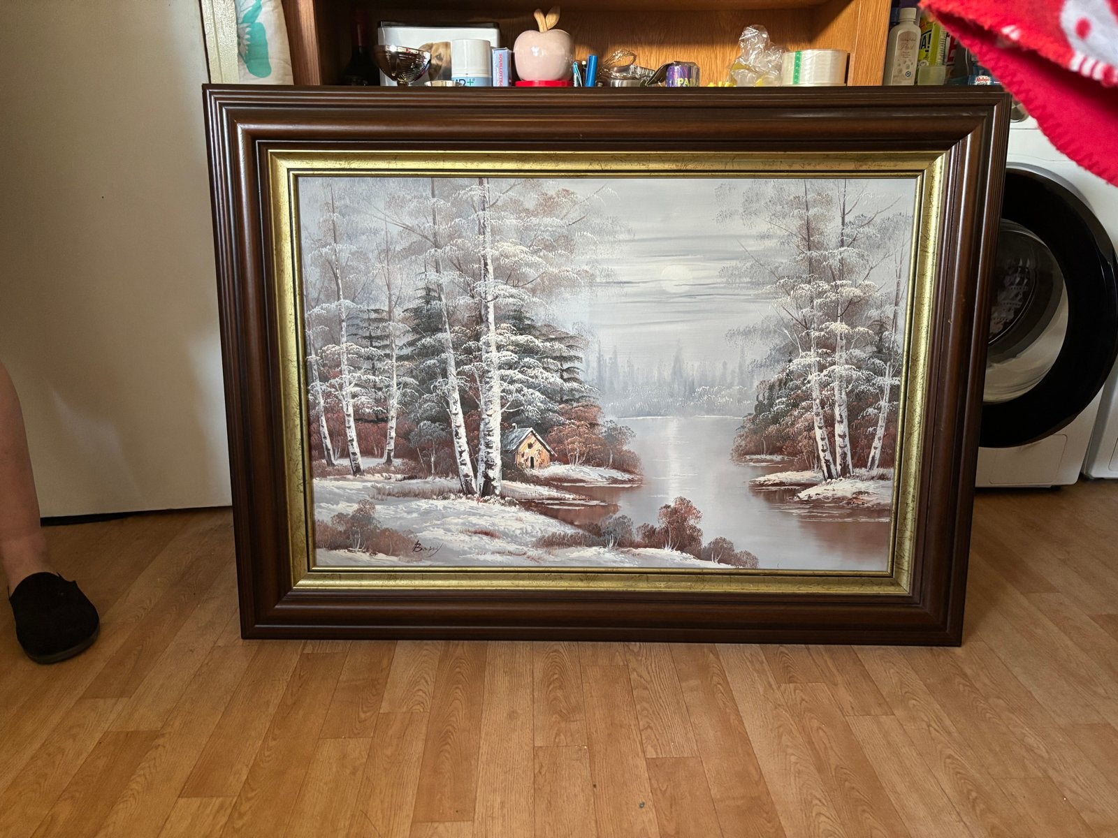 Groot Schilderij: Winters Landschap met Huisje en Rivier, Ophalen, Doek, Realistisch, Landschap