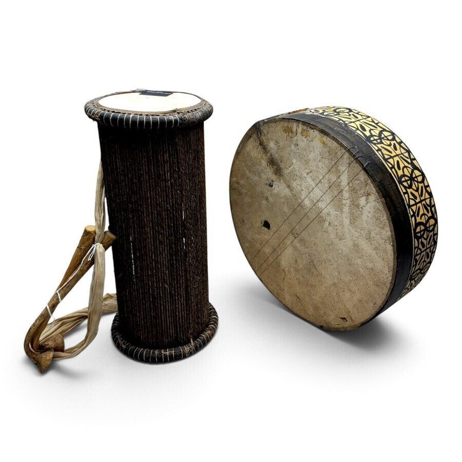 West-Afrikaanse 'talking drum' en Marokkaanse Bendir, Ophalen of Verzenden, Gebruikt, Trommel