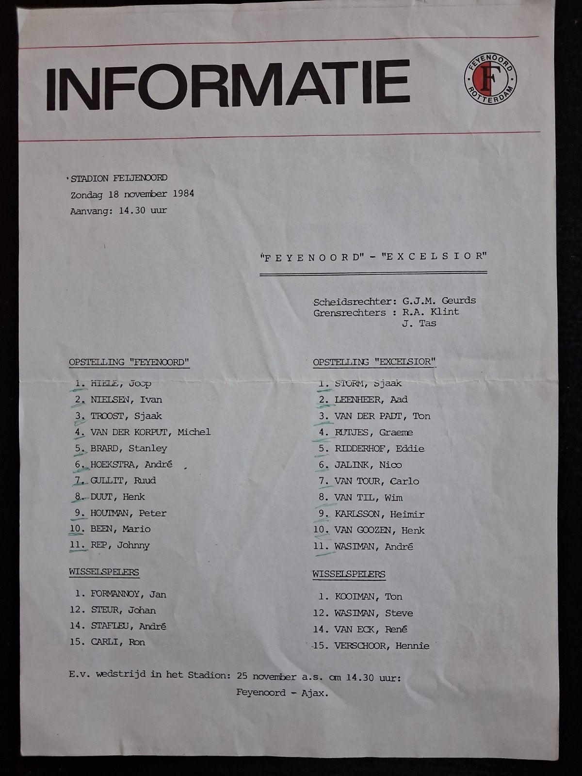 Opstellingenblad Feyenoord - Excelsior 1984/1985., Ophalen of Verzenden, Gebruikt, Feyenoord