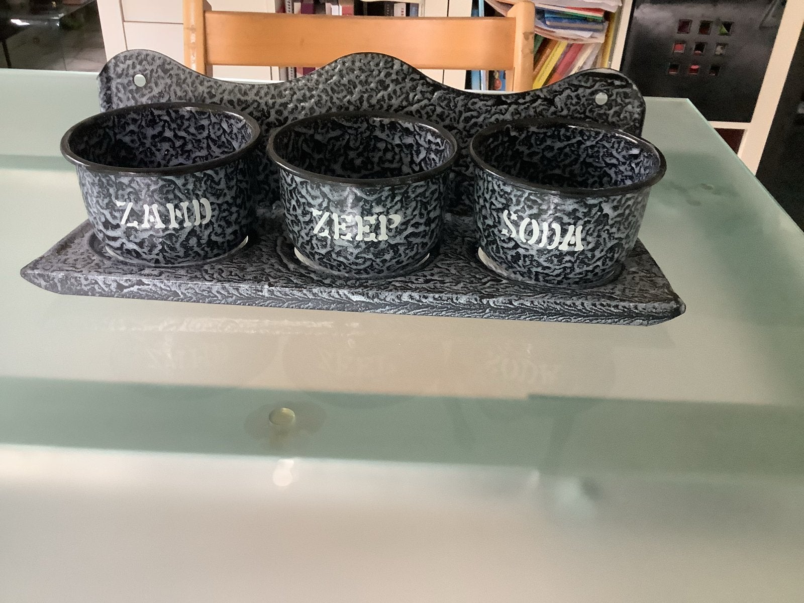 Emaille zand, zeep, soda rekje - grijs gewolkt izgst, Antiek en Kunst, Ophalen of Verzenden