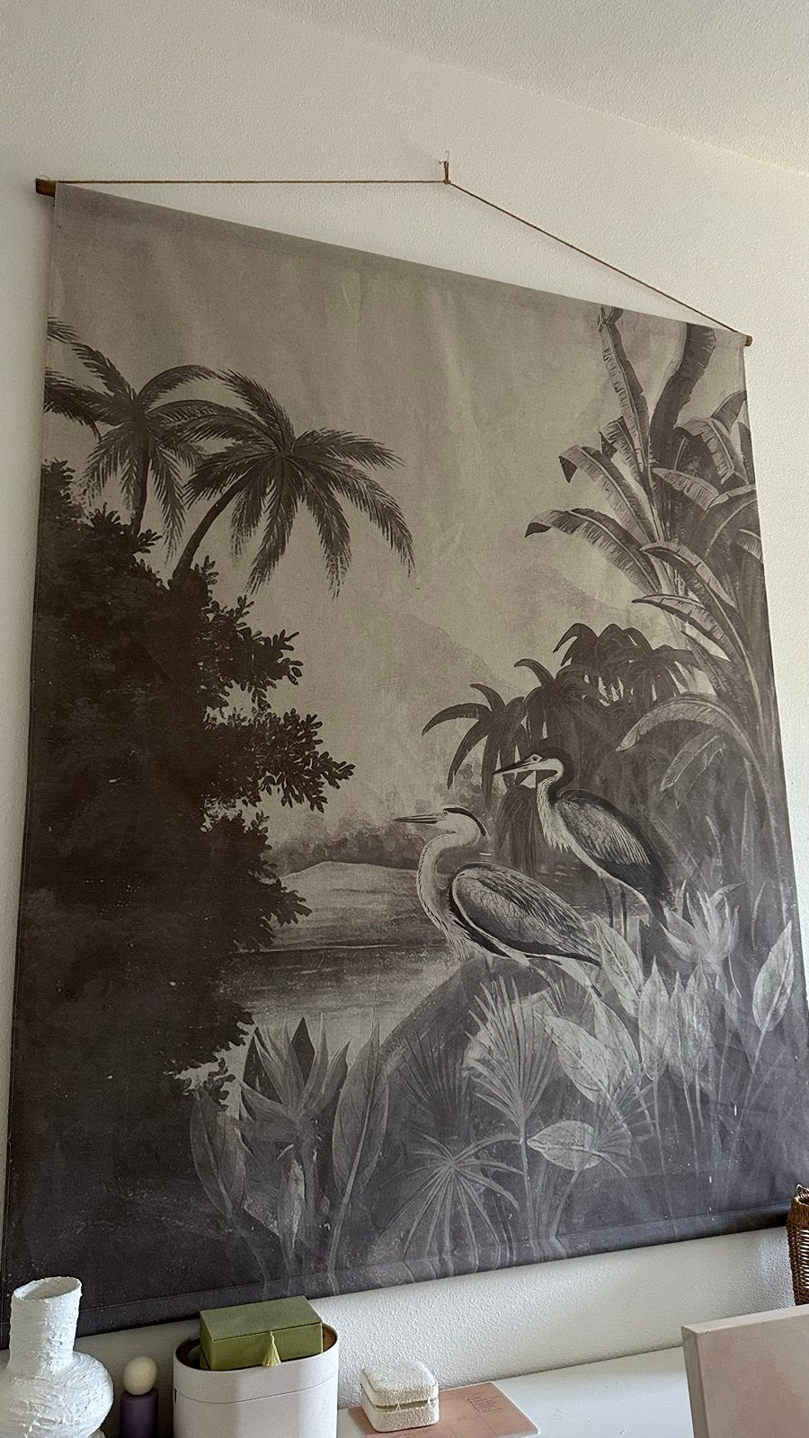Groot doek met tropisch tafereel en reigers, Antiek en Kunst, Ophalen, Natuur en Biologie
