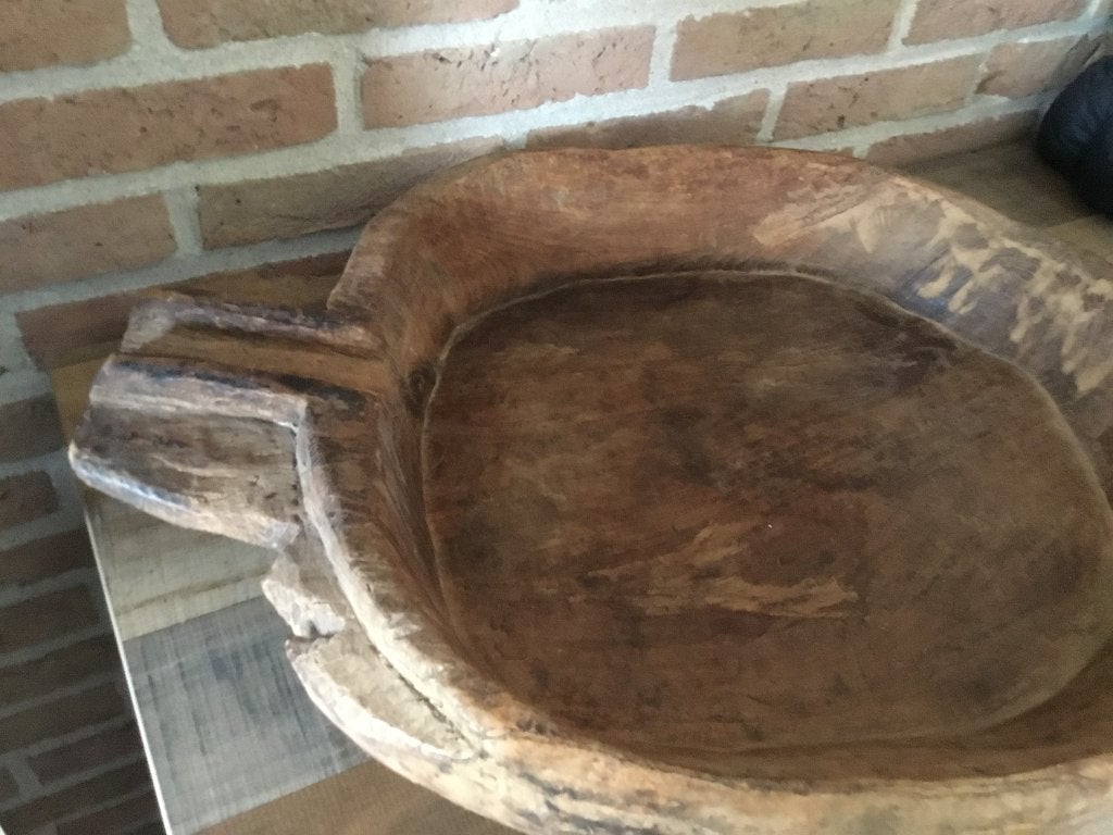 grote oude houten olijfbak nepalese schaal stoer sober, Gebruikt, Schaal, Rond, Ophalen of Verzenden