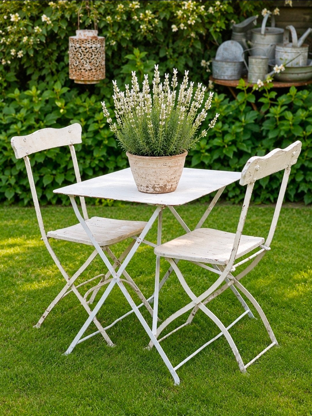 Witte Brocante Franse Tuinset - Tafel en 2 Stoelen, Tuin en Terras, Tuinsets en Loungesets, Overige materialen, Gebruikt, Tuinset