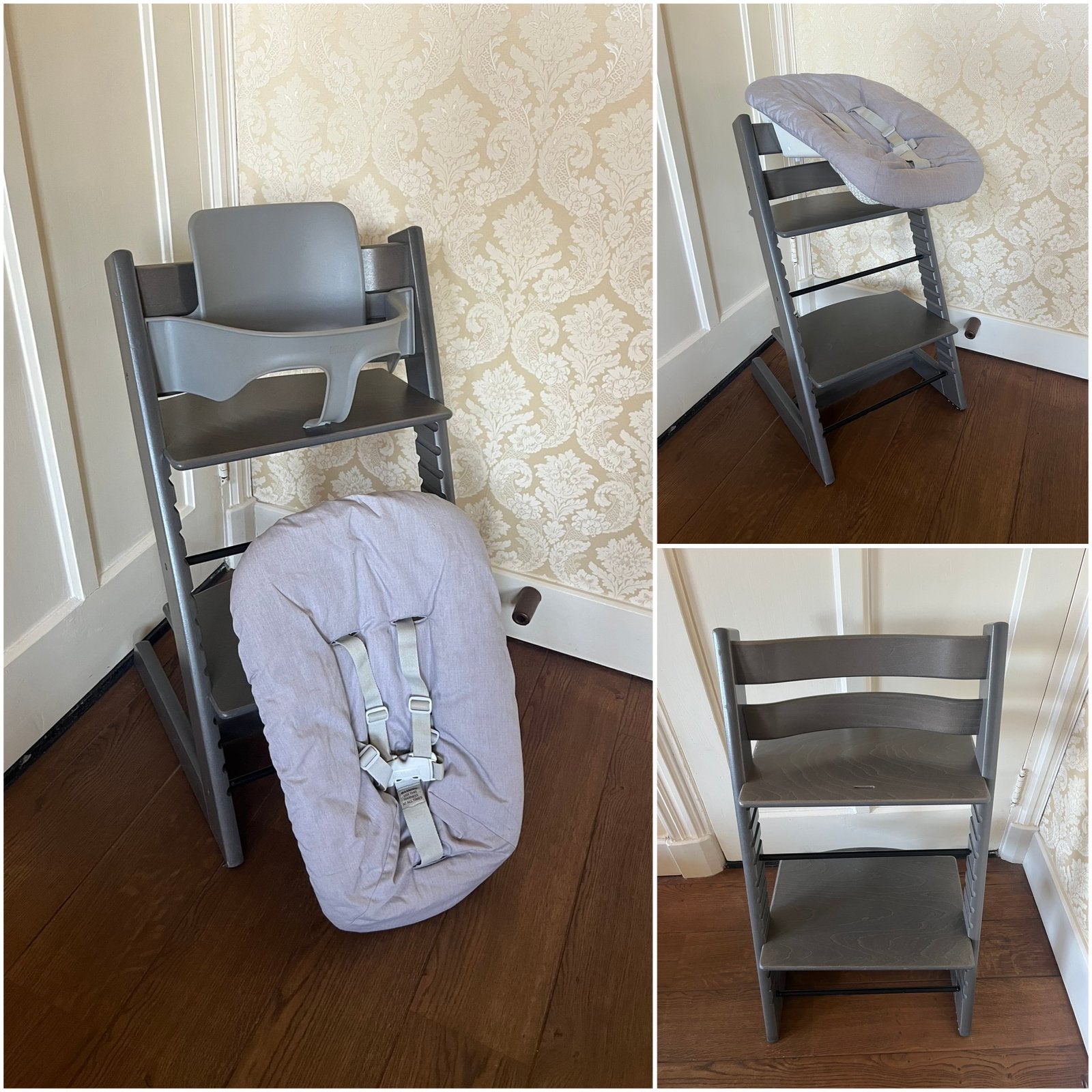 2x Stokke Tripp Trapp Hazy Grey + Babyset + Newbornset, Ophalen of Verzenden, Zo goed als nieuw, Meegroeistoel, Gordel(s)