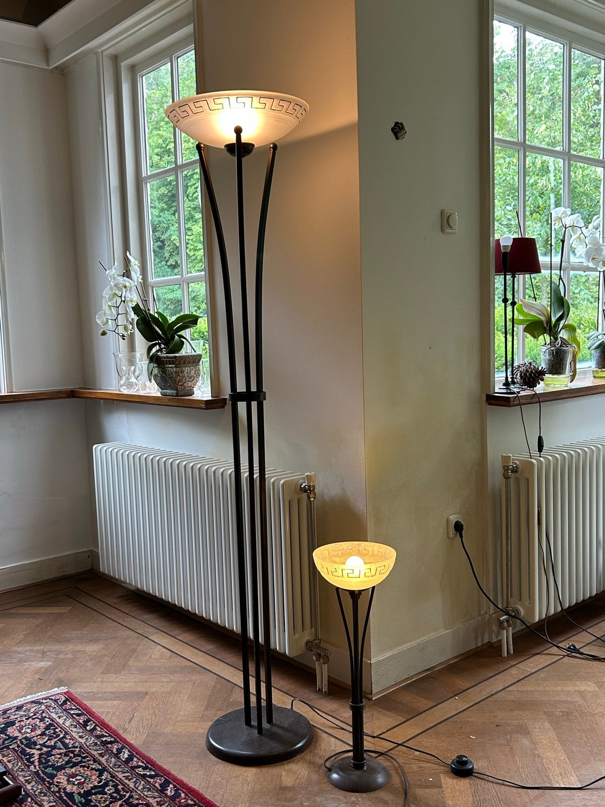 Set van 2 vloer- en tafellampen art deco Griekse motieven, Huis en Inrichting, Ophalen, Gebruikt, 200 cm of meer, E27 (groot)